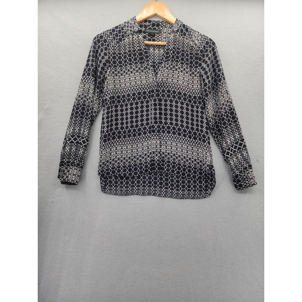 Banana Republic P‎ XXS Geometric Honeycomb Blouse Black White Roll Tab Sleeve